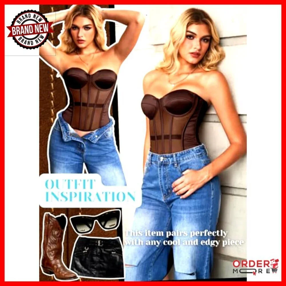 Strapless Sheer Mesh Corset Push Up Shapewear Lace Up Fit Satin Opaque Bra